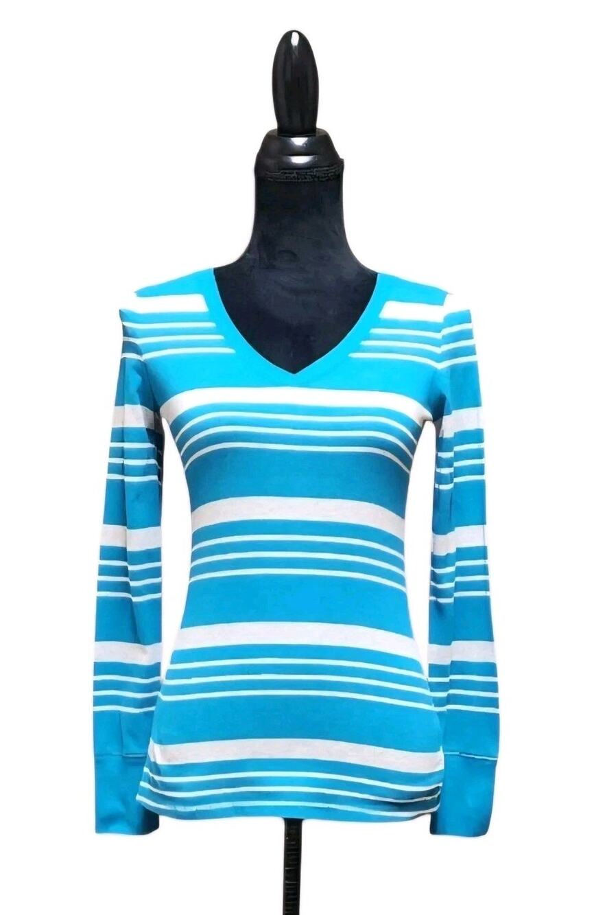 Mossimo T-Shirt Women's Size Small Blue Pullover Striped V-Neck Long Sleeve Top